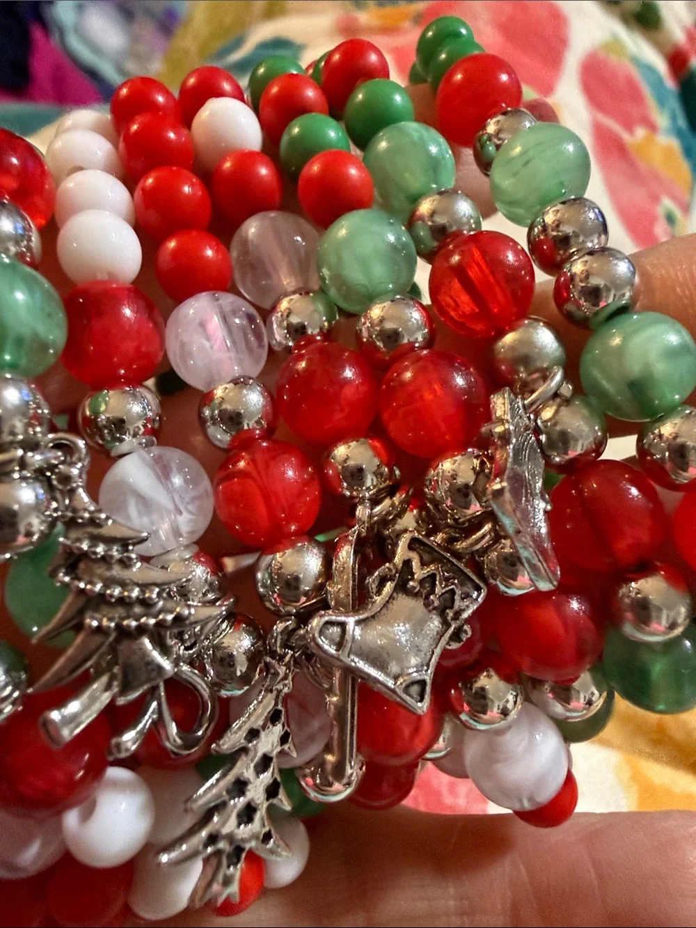 New Set of 10 Christmas Charm Beaded Stretch Bracelets Kids or small adult